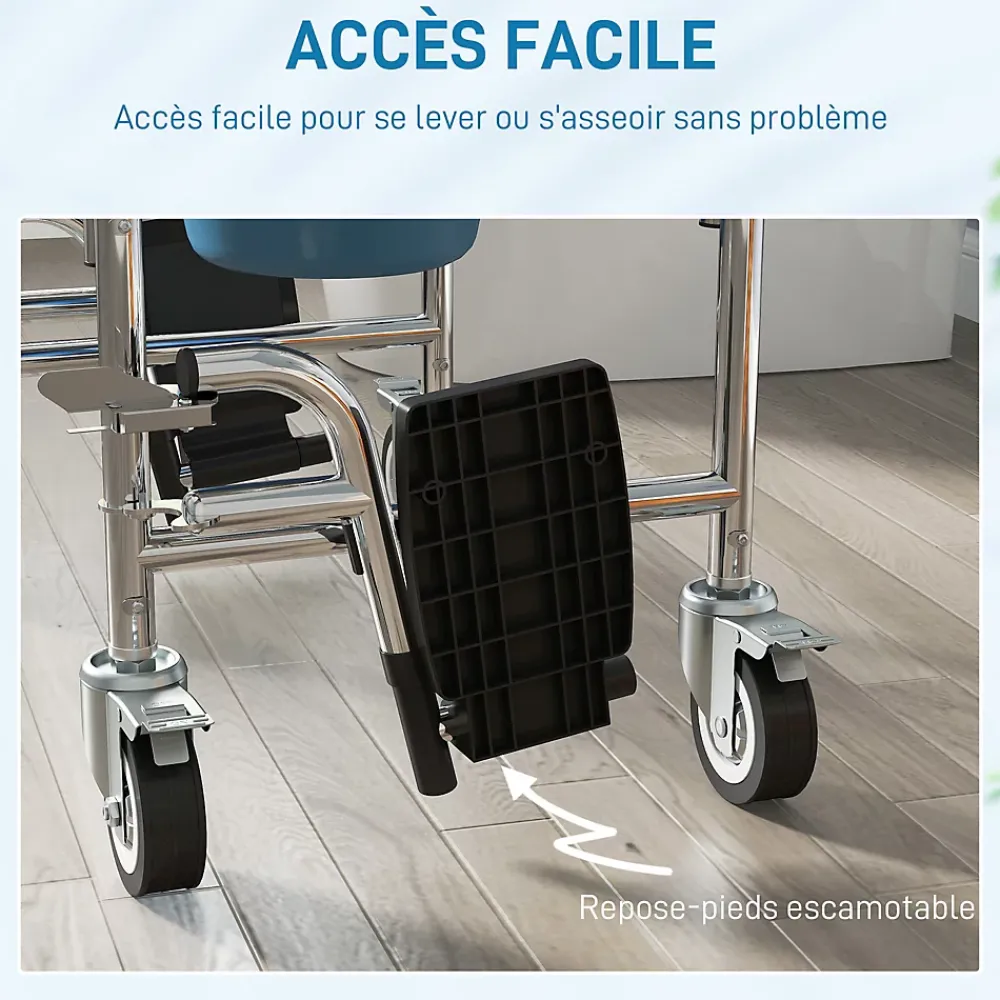 Homcom Chaise percée médicale à roulettes - repose-pieds, dossier, accoudoirs, pot amovible, support papier - alu blanc HDPE gris
