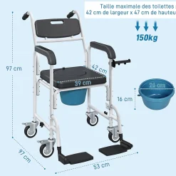 Siège De Douche|Homcom Chaise percée médicale à roulettes - repose-pieds, dossier, accoudoirs, pot amovible, support papier - alu blanc HDPE noir