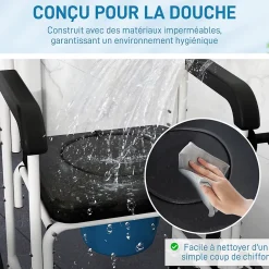 Siège De Douche|Homcom Chaise percée médicale à roulettes - repose-pieds, dossier, accoudoirs, pot amovible, support papier - alu blanc HDPE noir