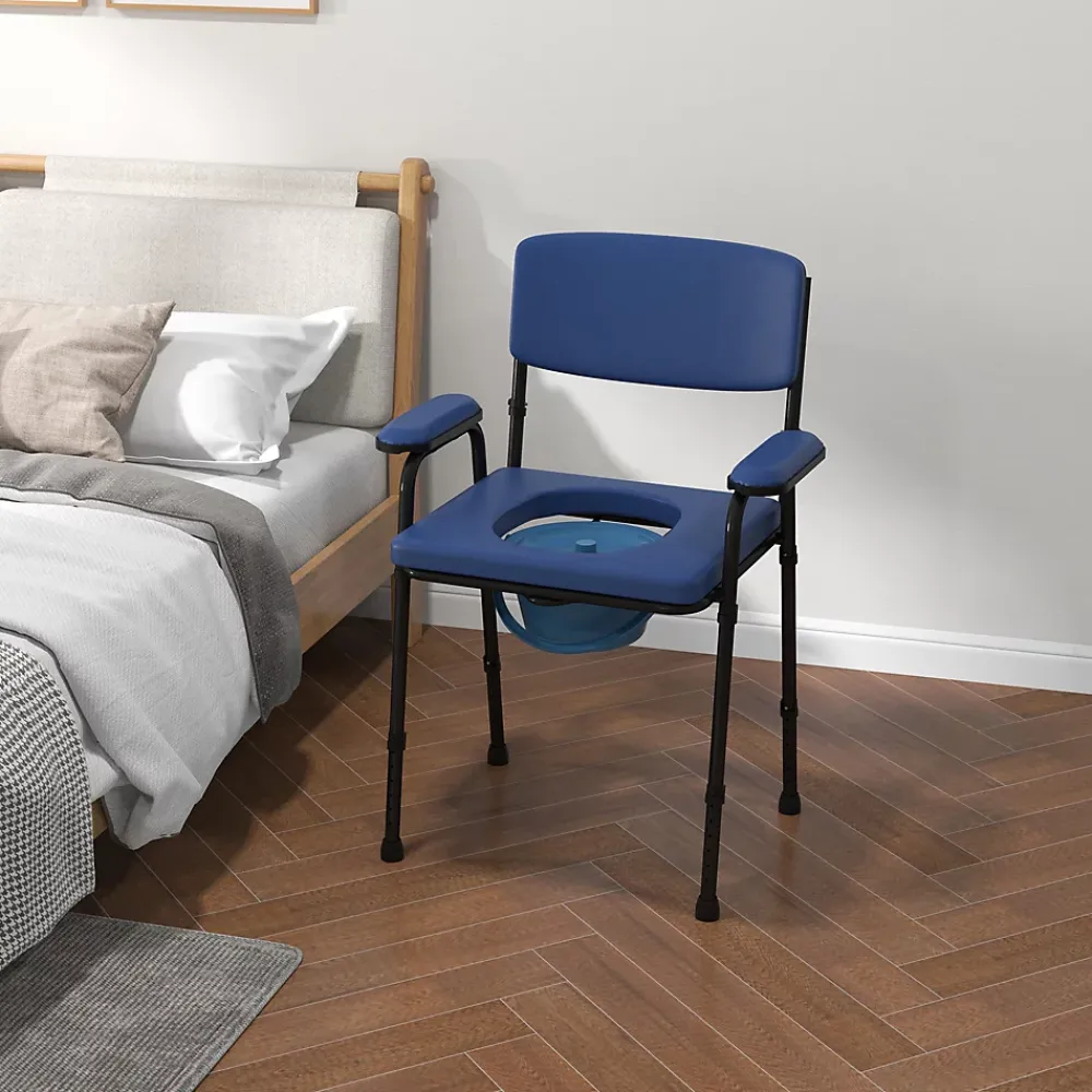 Siège De Douche|Homcom Chaise percée réglable - chaise de toilette - seau amovible, coussin, accoudoirs - acier noir PVC bleu
