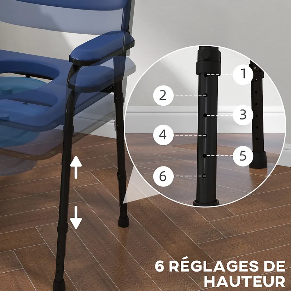 Siège De Douche|Homcom Chaise percée réglable - chaise de toilette - seau amovible, coussin, accoudoirs - acier noir PVC bleu