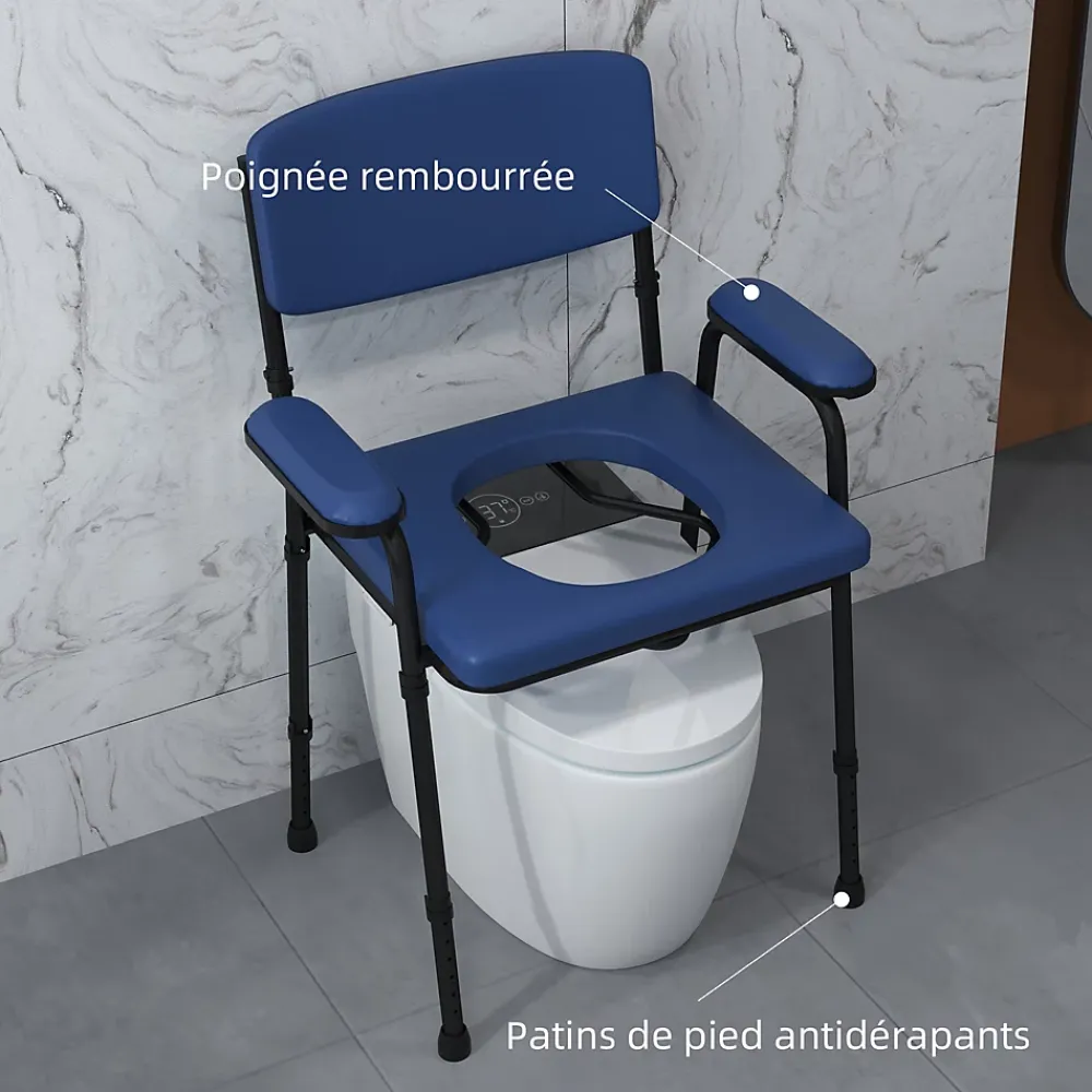 Siège De Douche|Homcom Chaise percée réglable - chaise de toilette - seau amovible, coussin, accoudoirs - acier noir PVC bleu