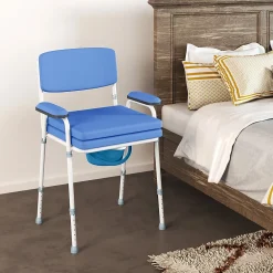 Homcom Chaise percée réglable - chaise de toilette - seau amovible, coussin, accoudoirs - acier blanc PVC bleu