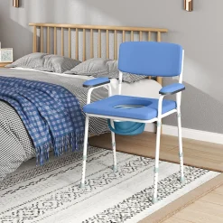 Homcom Chaise percée réglable - chaise de toilette - seau amovible, coussin, accoudoirs - acier blanc PVC bleu