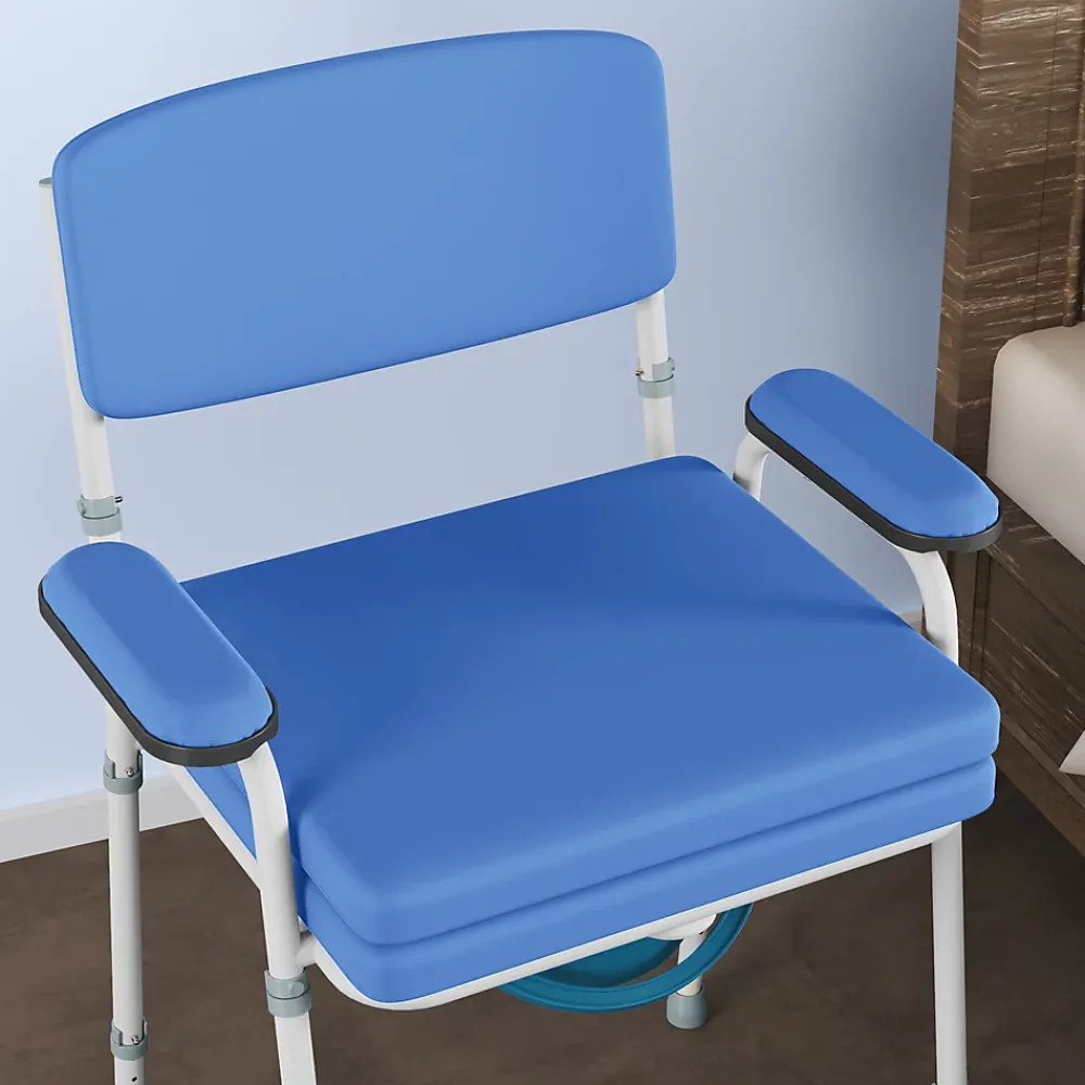 Homcom Chaise percée réglable - chaise de toilette - seau amovible, coussin, accoudoirs - acier blanc PVC bleu