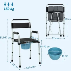 Homcom Chaise percée toilette pliable hauteur réglable - seau amovible - siège, accoudoirs rembourrés - max. 150 Kg - acier gris noir