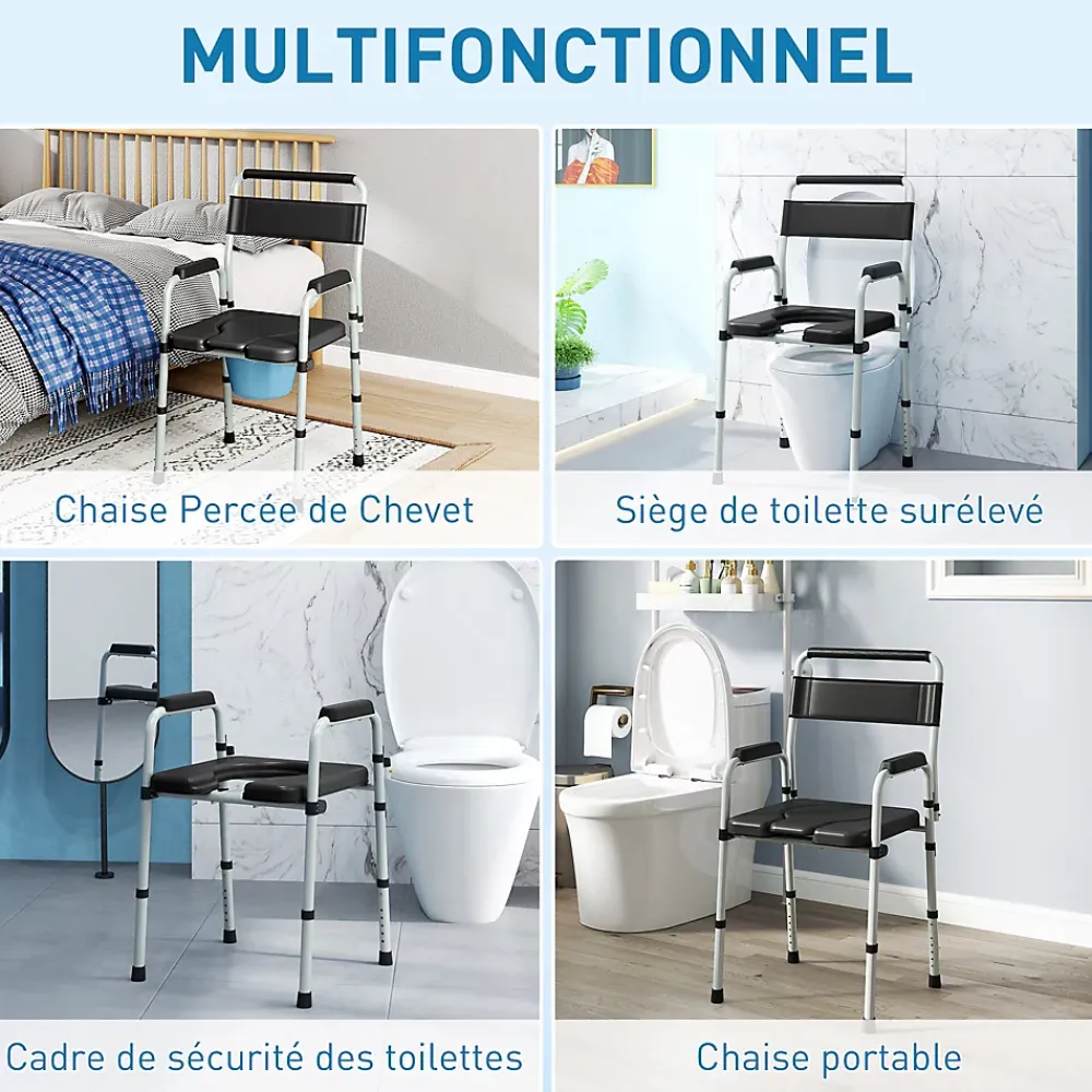 Homcom Chaise percée toilette pliable hauteur réglable - seau amovible - siège, accoudoirs rembourrés - max. 150 Kg - acier gris noir