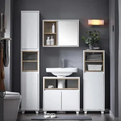 Colonne De Salle De Bains|Meuble De Salle De Bains Faible Profondeur|Sobuy Colonne Armoire Salle de Bain étagère étroite 2 Portes 2 Compartiments, BZR147-W,