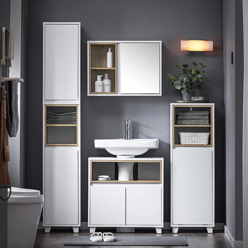 Colonne De Salle De Bains|Meuble De Salle De Bains Faible Profondeur|Sobuy Colonne Armoire Salle de Bain étagère étroite 2 Portes 2 Compartiments, BZR147-W,