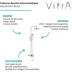 Robinet De Douche|Vitra Colonne bain douche thermostatique Aquaheat Bliss 250 B