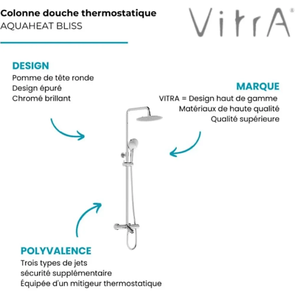 Robinet De Douche|Vitra Colonne bain douche thermostatique Aquaheat Bliss 250 B