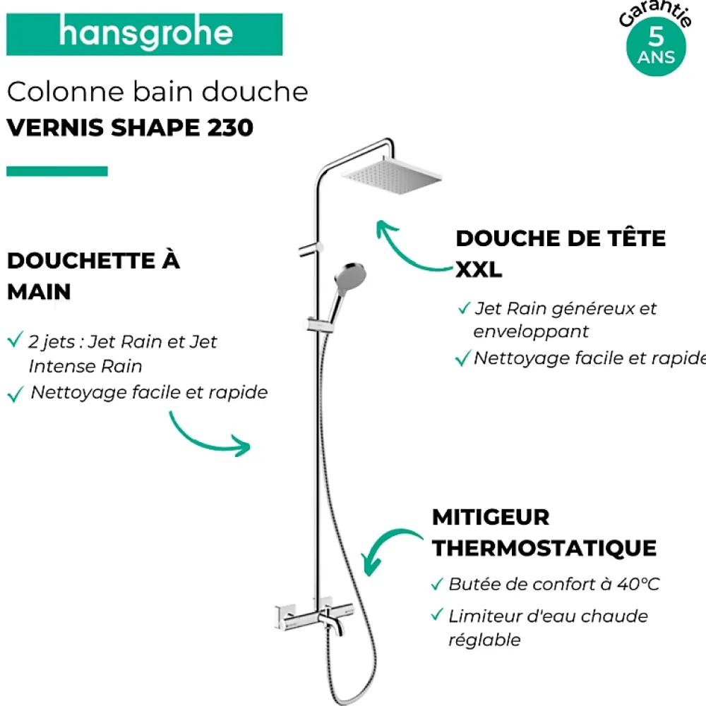 Robinet De Douche|Hansgrohe Colonne bain douche thermostatique Vernis Shape 230 chromé + nettoyant Briochin