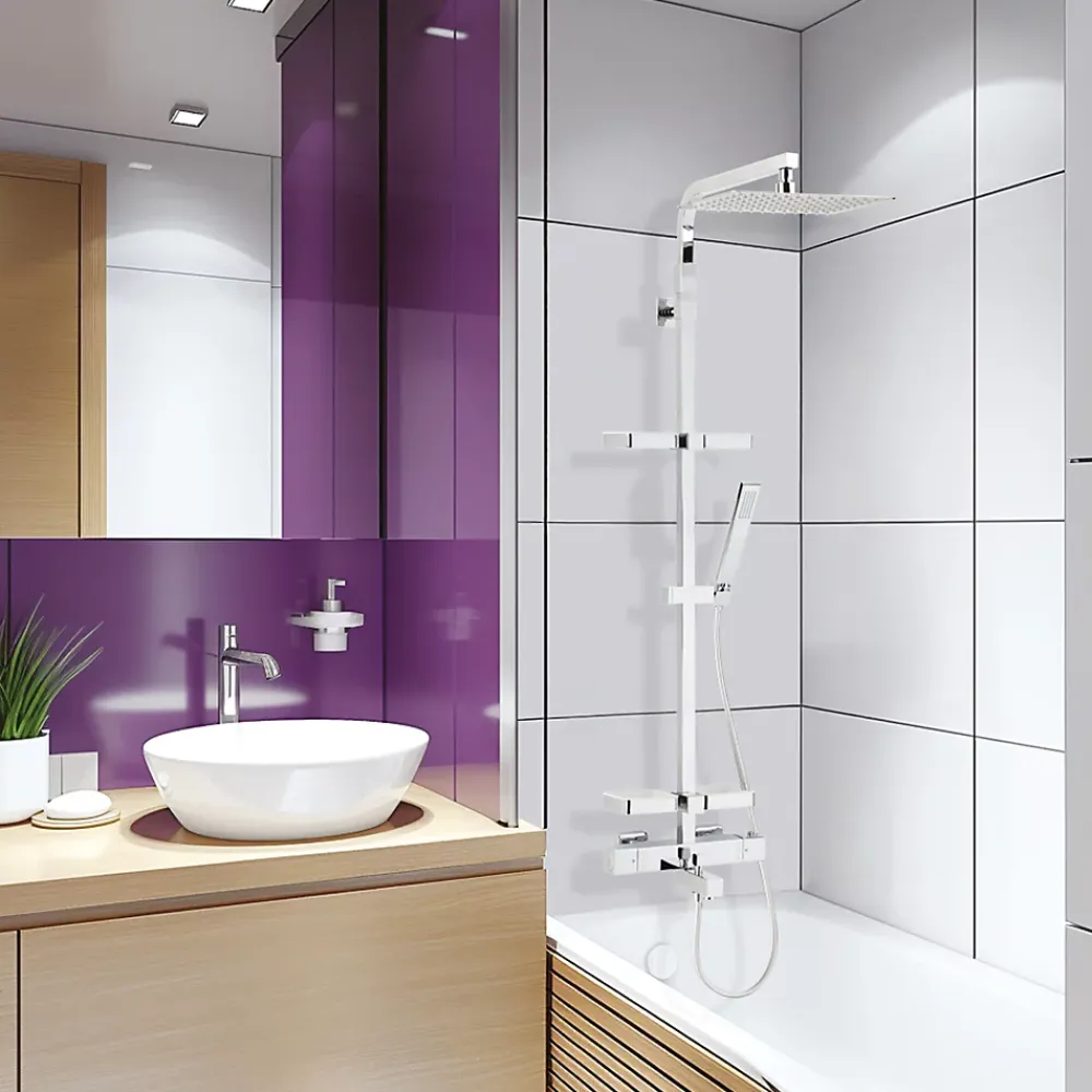 Valentin Colonne bain douche thermostatique avec tablettes, pomme de tête, douchette et flexible, chrome, Touareg