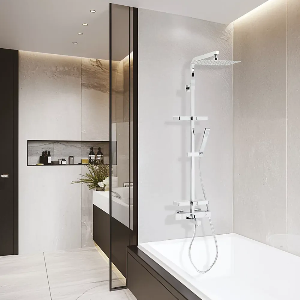Valentin Colonne bain douche thermostatique avec tablettes, pomme de tête, douchette et flexible, chrome, Touareg
