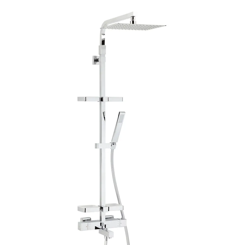 Valentin Colonne bain douche thermostatique avec tablettes, pomme de tête, douchette et flexible, chrome, Touareg