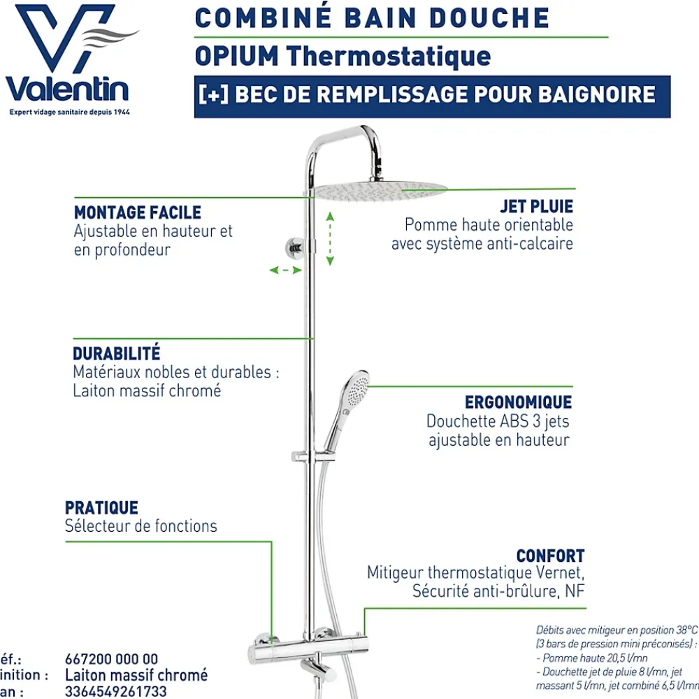 Colonne De Baignoire|Valentin Colonne bain douche thermostatique anti-brûlure avec pomme de tête, douchette et flexible, chrome, Opium