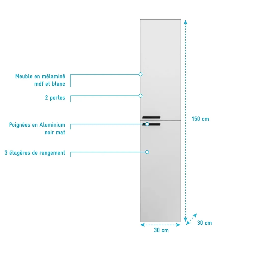 Aurlane Colonne Blanche 30x30x150 cm - Bois MDF Blanc Brillant - BOX-IN