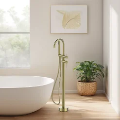 GoodHome Colonne de baignoire îlot + flexible + douchette, doré brossé, Owens