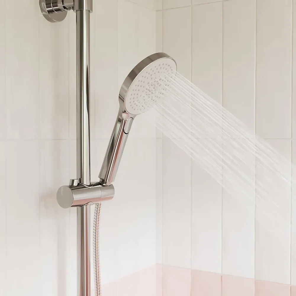 GoodHome Colonne de bain/douche thermostatique avec pommeau, douchette 3 jets, flexible, barre réglable, chrome, Anika