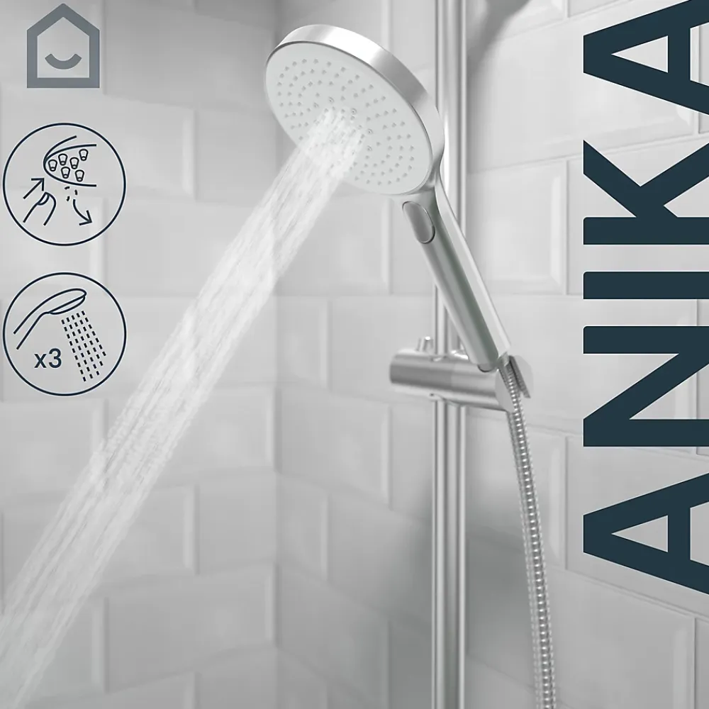 GoodHome Colonne de bain/douche thermostatique avec pommeau, douchette 3 jets, flexible, barre réglable, chrome, Anika