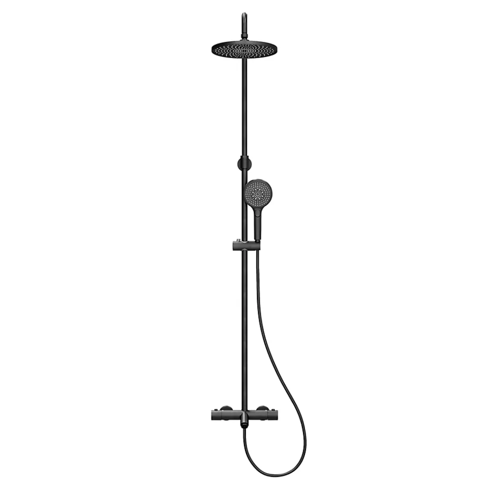 Colonne De Douche Thermostatique|GoodHome Colonne de bain/douche thermostatique avec pommeau, douchette 3 jets, flexible, barre réglable, noir, Anika