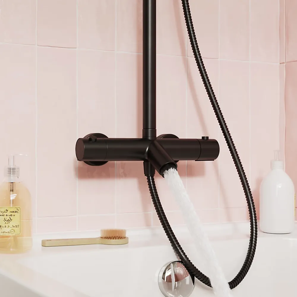 Colonne De Douche Thermostatique|GoodHome Colonne de bain/douche thermostatique avec pommeau, douchette 3 jets, flexible, barre réglable, noir, Anika