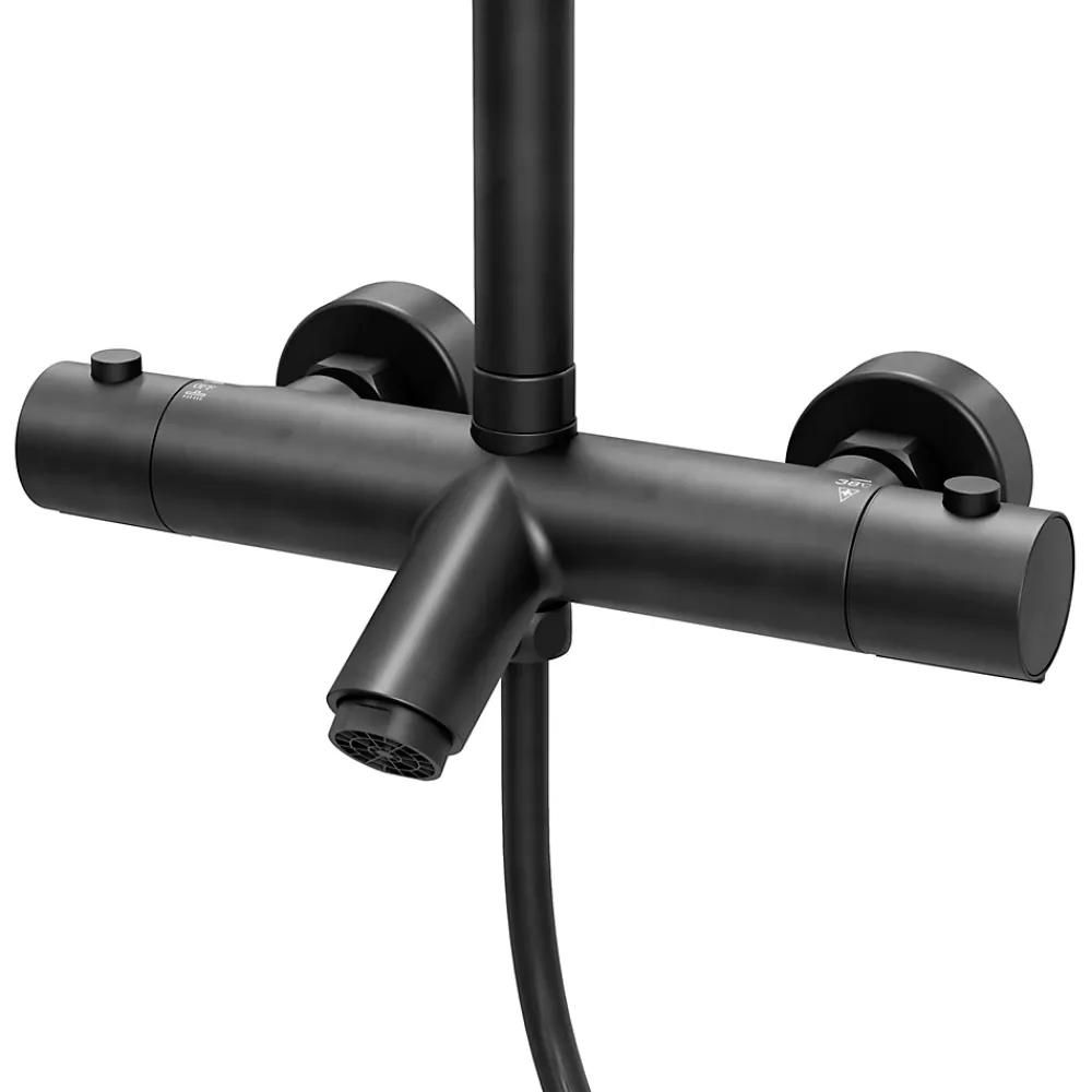 Colonne De Douche Thermostatique|GoodHome Colonne de bain/douche thermostatique avec pommeau, douchette 3 jets, flexible, barre réglable, noir, Anika