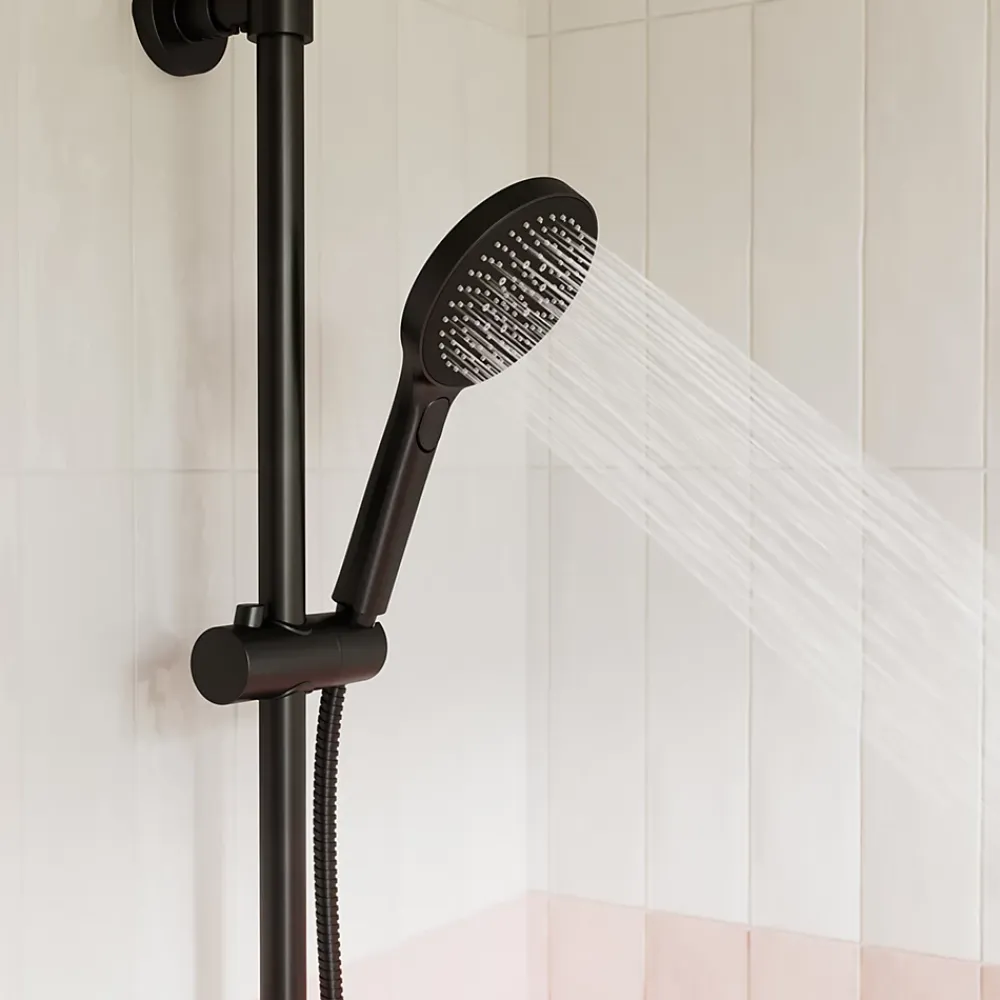 Colonne De Douche Thermostatique|GoodHome Colonne de bain/douche thermostatique avec pommeau, douchette 3 jets, flexible, barre réglable, noir, Anika