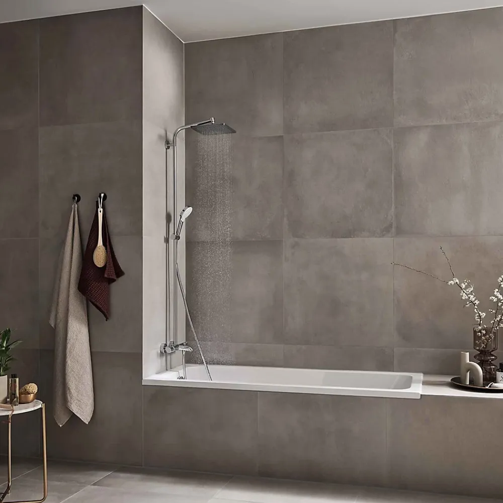 Colonne De Baignoire|Hansgrohe Colonne de bain/douche thermostatique avec pommeau + douchette 2 jets + flexible + barre réglable, chrome, Crometta E