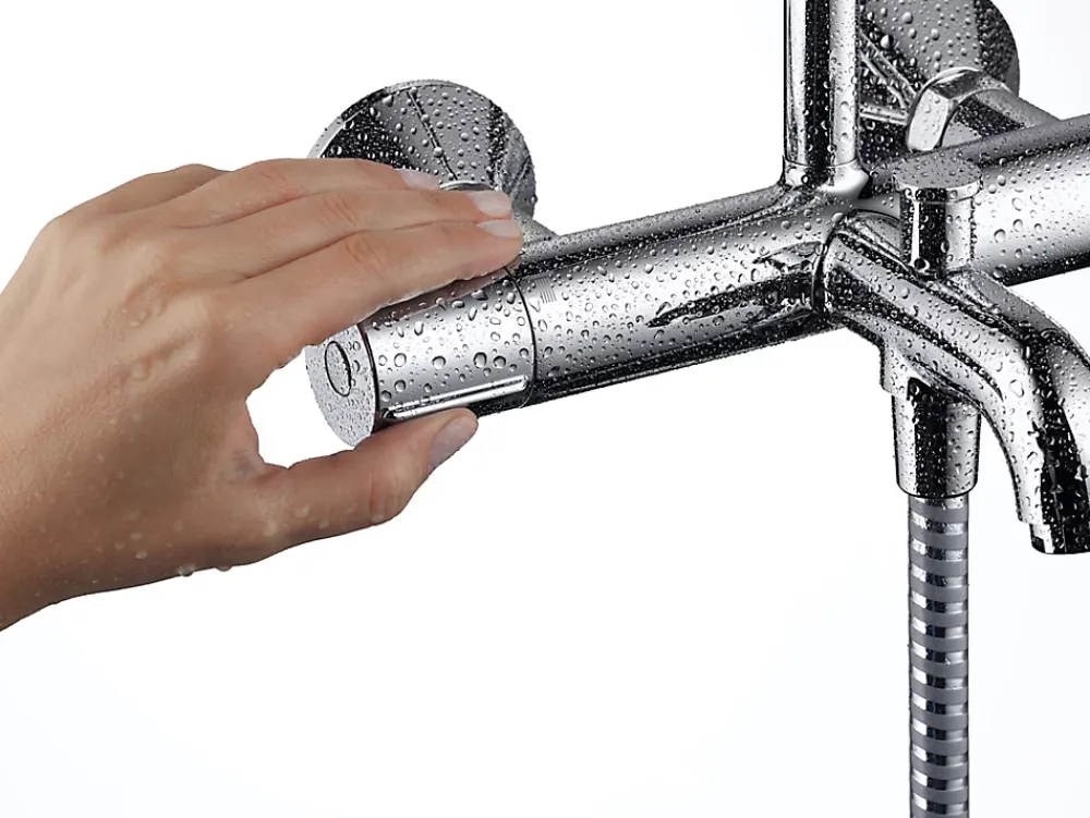 Hansgrohe Colonne de bain/douche thermostatique avec pommeau + douchette 2 jets + flexible + barre réglable, chrome, Vernis Shape