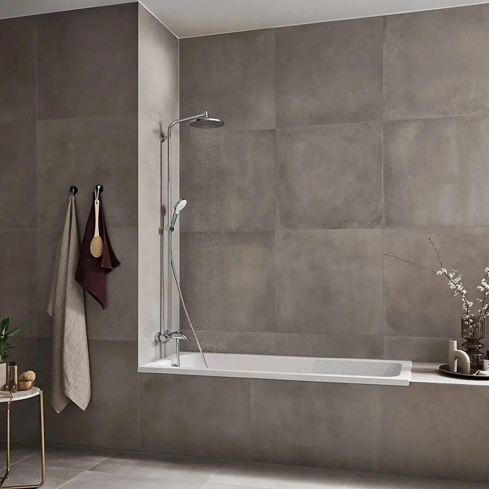 Colonne De Douche Thermostatique|Hansgrohe Colonne de bain/douche thermostatique avec pommeau + douchette 2 jets + flexible + barre réglable, chrome, Showerpipe Crometta S 240