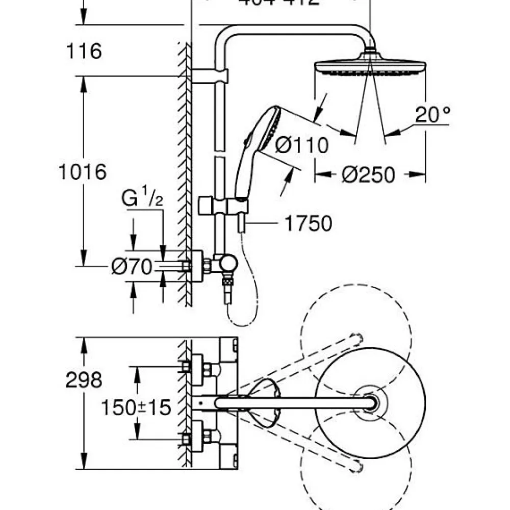 Grohe Colonne de douche avec mitigeur thermostatique - Economie d'eau - Vitalio Start System 250 - Chromé - 26677001