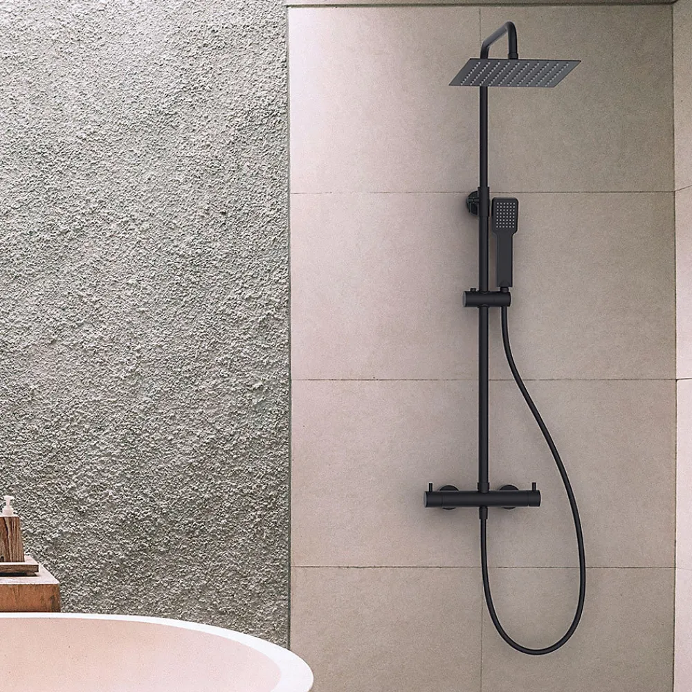 Colonne De Douche Mécanique|Kibath Colonne de douche carrée monocommande TOR avec finition NOIR mat en laiton