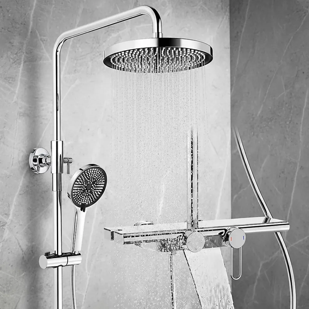 Colonne De Douche Mécanique|Homelody Colonne de Douche Chromée avec Étagère 40 cm, Douchette à Main 5 Modes, Effet Cascade et Rangement Pratique
