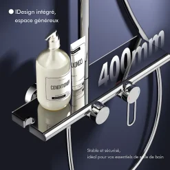 Colonne De Douche Mécanique|Homelody Colonne de Douche Chromée avec Étagère 40 cm, Douchette à Main 5 Modes, Effet Cascade et Rangement Pratique