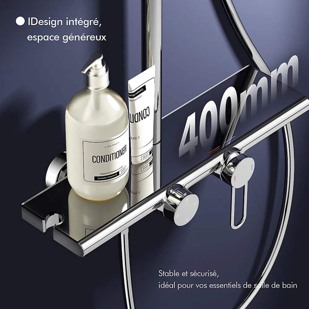 Colonne De Douche Mécanique|Homelody Colonne de Douche Chromée avec Étagère 40 cm, Douchette à Main 5 Modes, Effet Cascade et Rangement Pratique