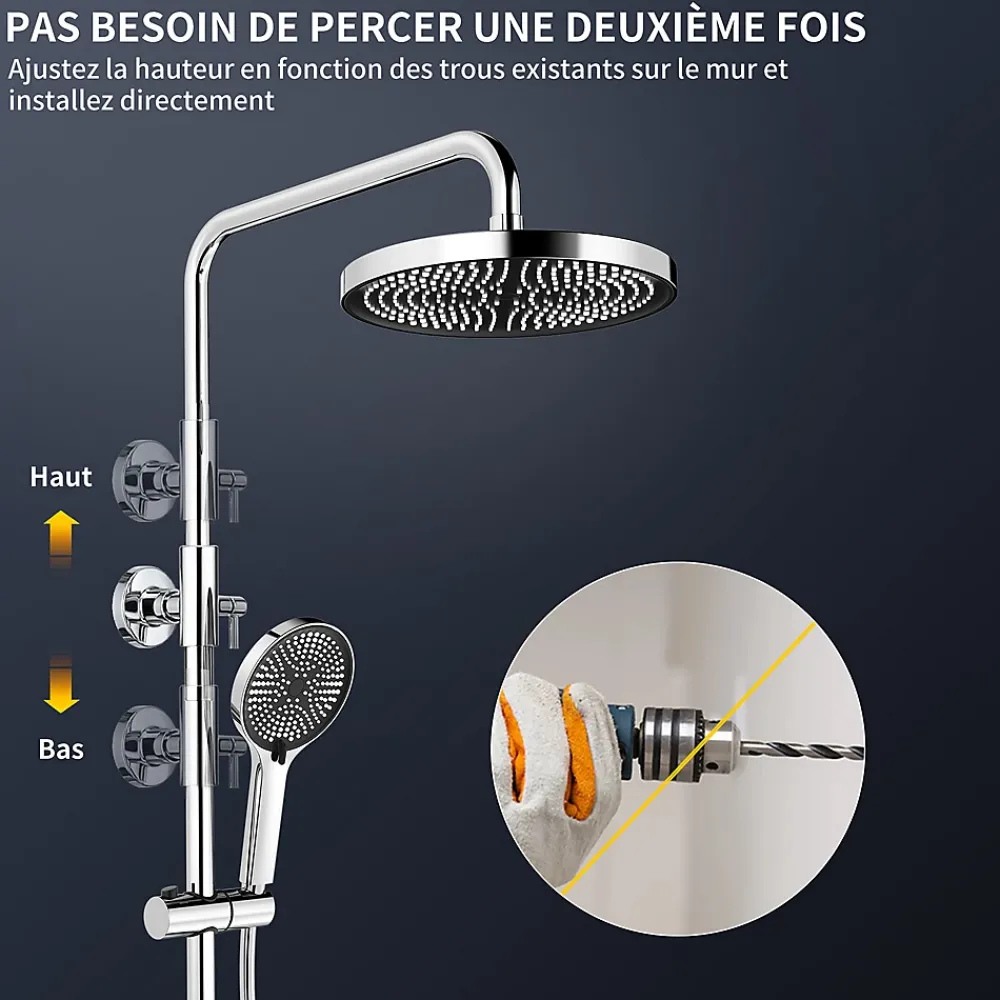 Colonne De Douche Mécanique|Homelody Colonne de Douche Chromée avec Étagère 40 cm, Douchette à Main 5 Modes, Effet Cascade et Rangement Pratique