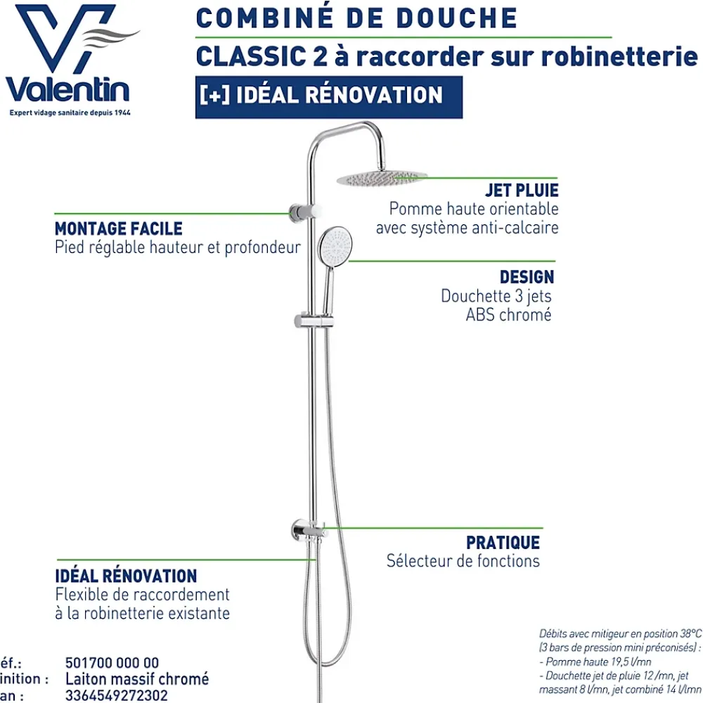 Colonne De Douche Sans Robinetterie|Valentin Colonne de douche classique à raccorder sur robinetterie avec pomme de tête, douchette et flexible, chrome Classic