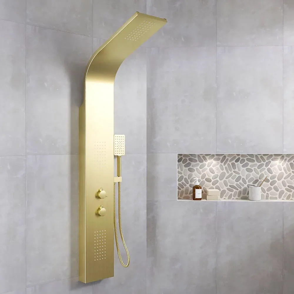 Robinet De Douche|Aurlane Colonne de douche Effet Pluie - 140x20cm - Acier inoxydable Or brossé