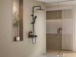 Colonne De Douche Mécanique|Vente-unique Colonne de douche en acier inoxydable avec tablette - Noir mat - Hauteur réglable - JIZEO