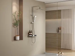 Colonne De Douche Mécanique|Vente-unique Colonne de douche en acier inoxydable avec tablette - Brush nickel - Hauteur réglable - JIZEO