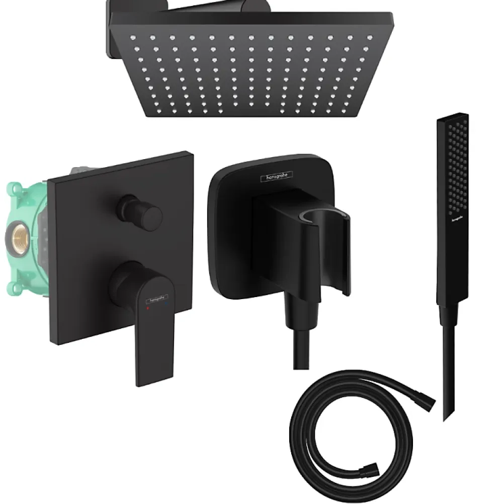 Hansgrohe Colonne de douche encastrée mécanique Vernis Shape Douche de tête Vernis Shape Flexible Isiflex Douchette PulsifyE noir