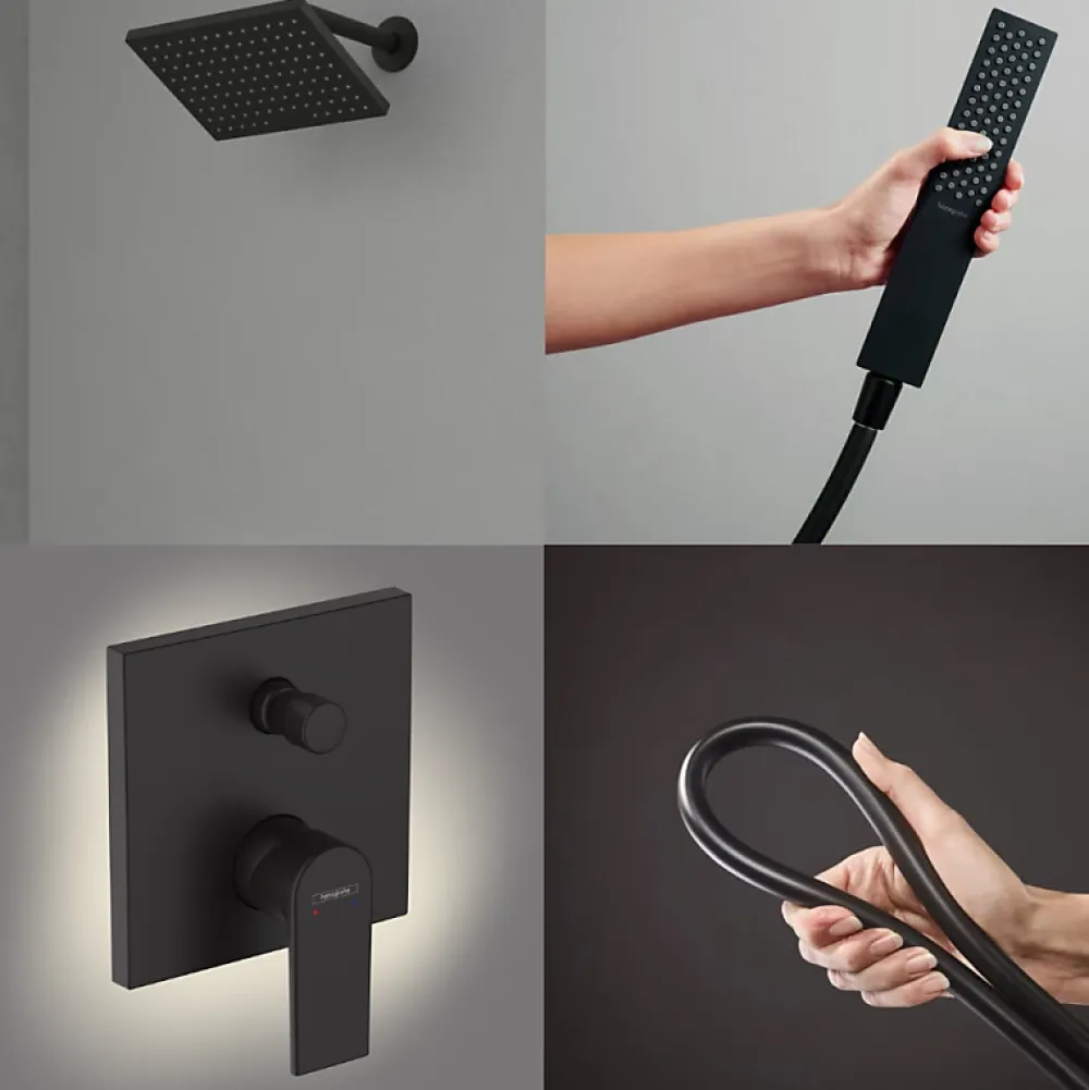 Hansgrohe Colonne de douche encastrée mécanique Vernis Shape Douche de tête Vernis Shape Flexible Isiflex Douchette PulsifyE noir