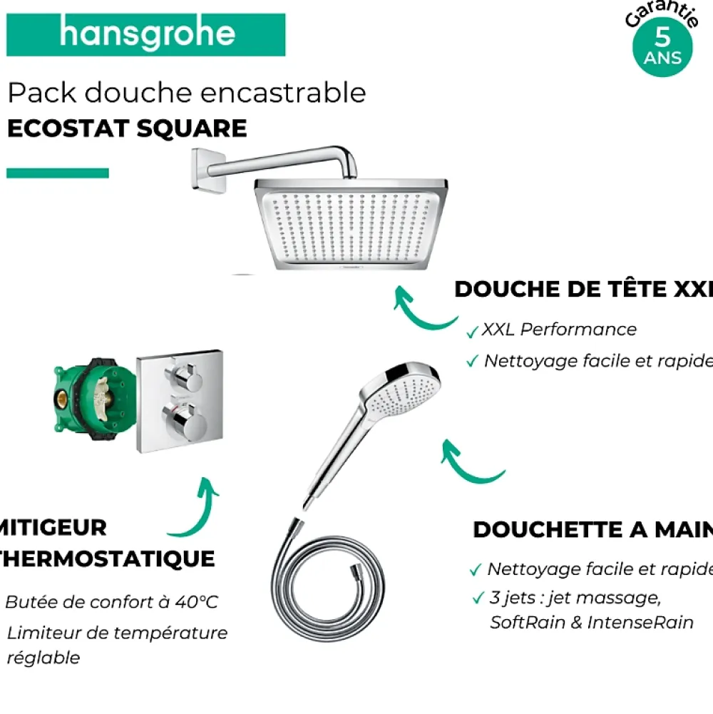 Hansgrohe Colonne de douche encastrée thermostatique Ecostat Square chromé