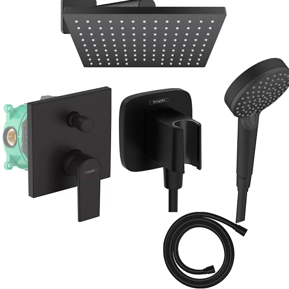 Hansgrohe Colonne de douche encastrée mécanique Vernis Shape Douche de tête Vernis Shape Flexible Isiflex Douchette Vernis noir