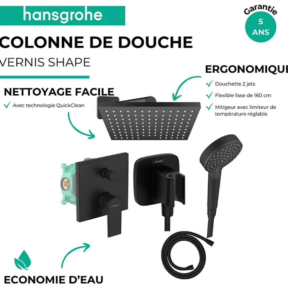 Hansgrohe Colonne de douche encastrée mécanique Vernis Shape Douche de tête Vernis Shape Flexible Isiflex Douchette Vernis noir