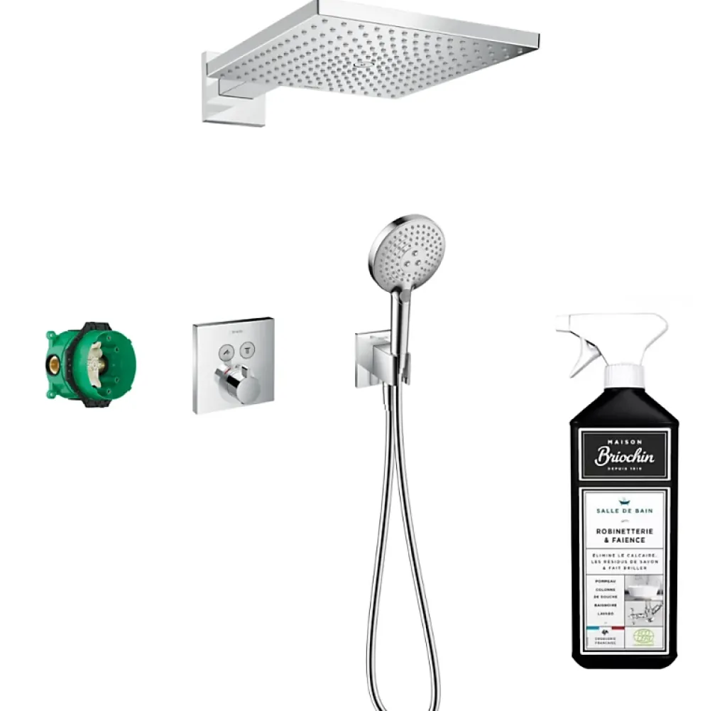 Hansgrohe Colonne de douche encastrée thermostatique ShowerSelect Square chromé + nettoyant Briochin
