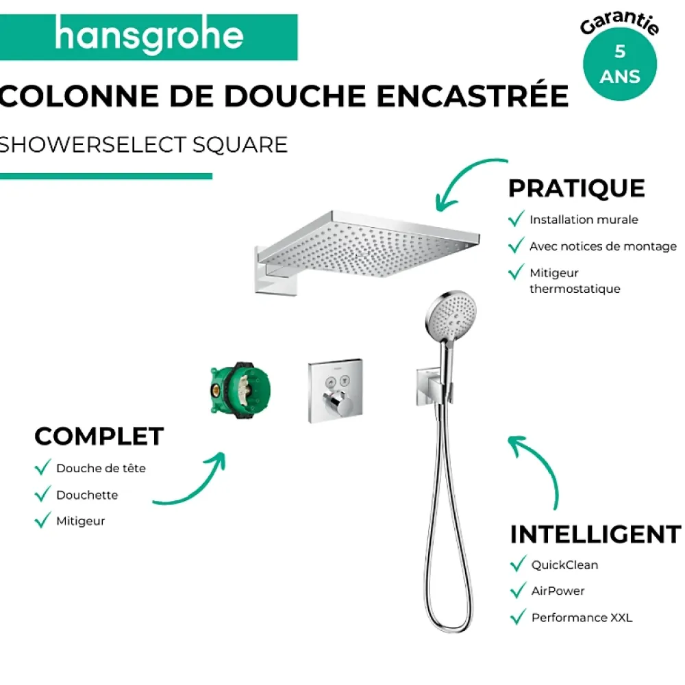 Hansgrohe Colonne de douche encastrée thermostatique ShowerSelect Square chromé + nettoyant Briochin