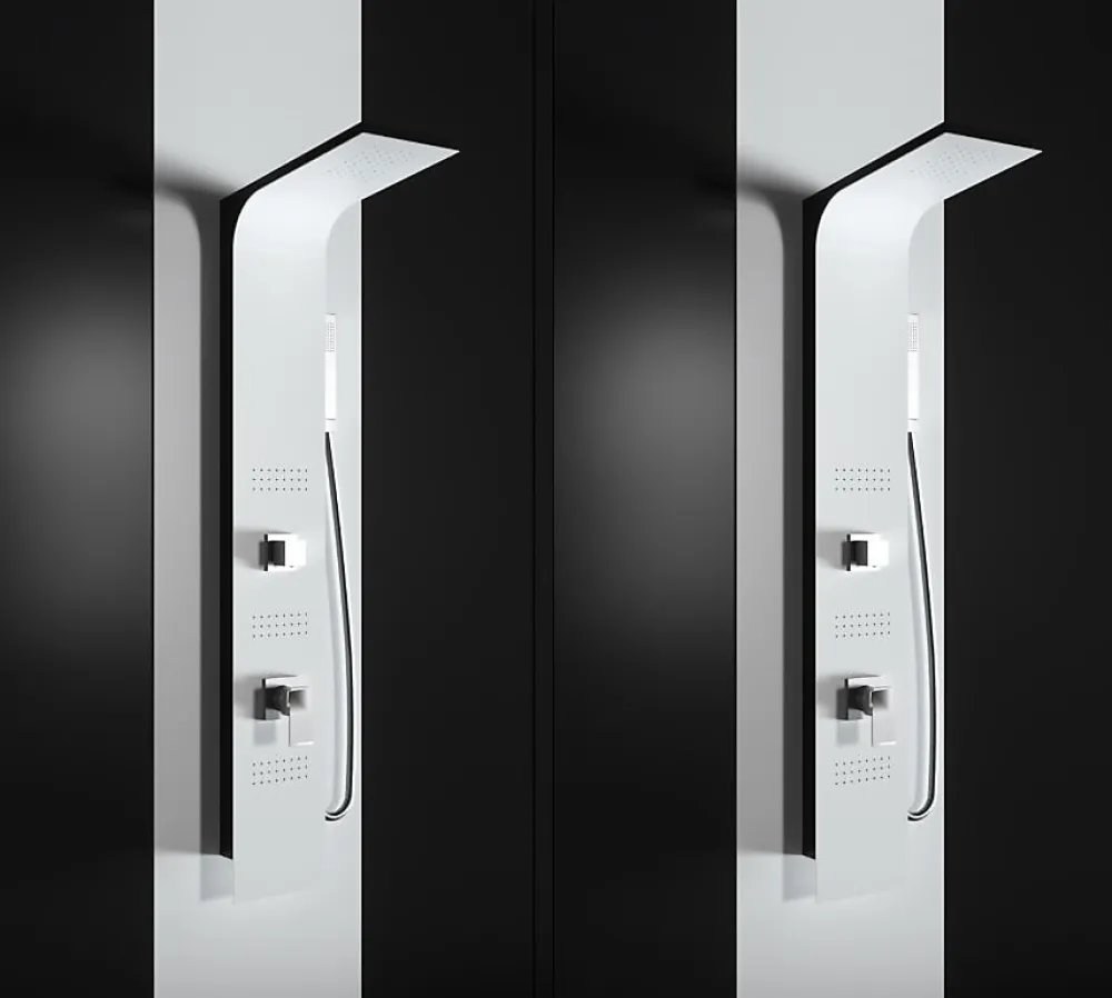 Colonne De Douche Hydromassante|Laneri Colonne de douche hydromassage en aluminium verni en poudre blanche mat (frontal) et noir mat (lateral)