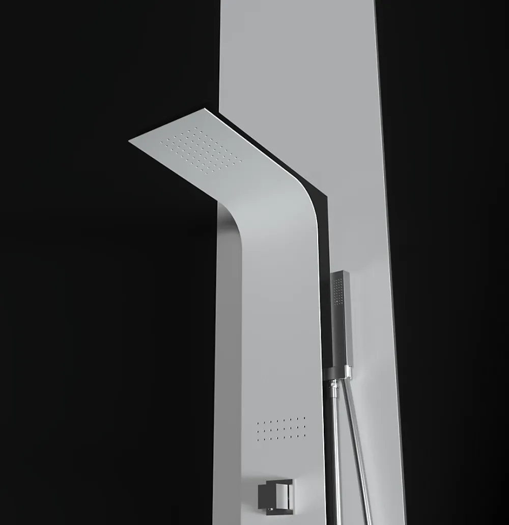 Colonne De Douche Hydromassante|Laneri Colonne de douche hydromassage en aluminium verni en poudre blanche mat (frontal) et noir mat (lateral)